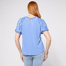 "As Is" DG2 by Diane Gilman Knit Plisse Short Sleeve Ruffle Top
