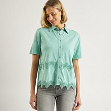 "As Is" DG2 by Diane Gilman Lace Inset Knit Button-Up Shirt