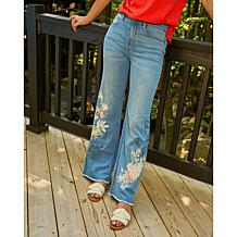 "As Is" DG2 by Diane Gilman New Stretch Embroidered Wide-Leg Jean