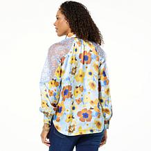 "As Is" DG2 by Diane Gilman Printed Satin Blouse with Lace Detail