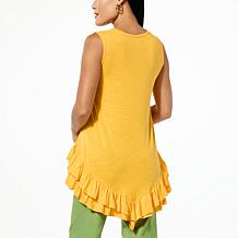 "As Is" DG2 by Diane Gilman Slub Knit Placed Print Ruffled-Hem Tank