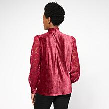 "As Is" Diane Gilman Embroidered Tulle Sleeve Mock Neck Top