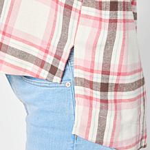 "As Is" HUE Plaid Flannel Button-Down Hi-Low Hem Shirt