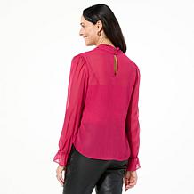 "As Is" Jaclyn Smith Crinkle Chiffon Puff Sleeve Neck Tie Blouse
