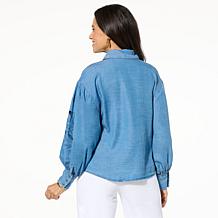 "As Is" Jaclyn Smith Embroidered Cutout Button-Up Poplin Shirt