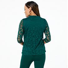 "As Is" Nina Leonard 3/4-Sleeve Drape Neck Burnout Top