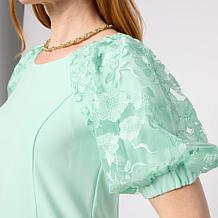 "As Is" Nina Leonard 3D Floral Mesh Bubble Sleeve Sheath Dress