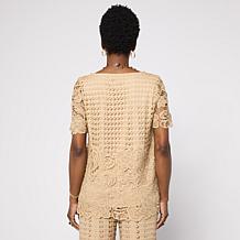 "As Is" Nina Leonard Border Lace Elbow Sleeve Top