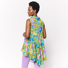 "As Is" Nina Leonard Collared Sleeveless Hi-Low Button-Front Top