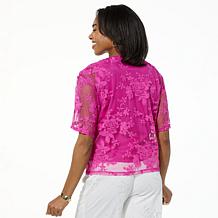 "As Is" Nina Leonard Embroidered Mesh Tie Front Kimono Top