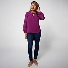 "As Is" Nina Leonard Notch Neck Textured Wave Top with Tie