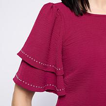 "As Is" Nina Leonard Round Neck Double Flutter Sleeve Top