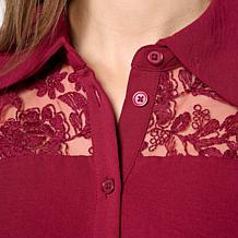 "As Is" Nina Leonard Textured Wave and Embroidered Mesh Top