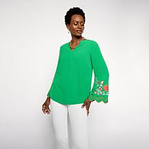 "As Is" Nina Leonard Textured Wave Knit Embroidered Bell-Sleeve Top