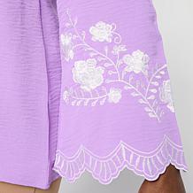 "As Is" Nina Leonard Textured Wave Knit Embroidered Bell-Sleeve Top