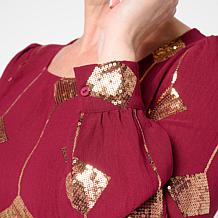 "As Is" Nina Leonard Textured Wave Sequined Balloon Sleeve Top