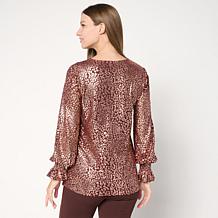 "As Is" Nina Leonard V Neck Printed Foiled Powermesh Top
