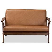 Bianca Walnut Brown Finished Wood and Tan Faux Leather Effect Loveseat