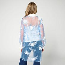 C Wonder 3D Applique Tulle Button-Front Tunic Top