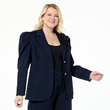 C Wonder Puff-Shoulder Denim Blazer