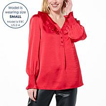 C Wonder Washed Satin Ruffle Front Blouse