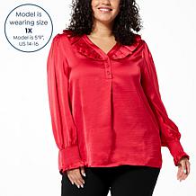 C Wonder Washed Satin Ruffle Front Blouse