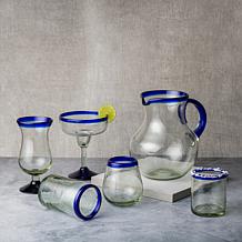 Cobalt Rim Hiball Handblown Mexican Glass - Set of 6