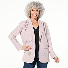 Colleen Lopez Embroidered Faux Leather and Print Moto Jacket