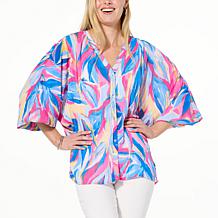 Colleen Lopez Printed Woven Dolman Top with Button Front