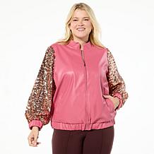 Colleen Lopez Sequin Sleeve Faux Leather Bomber Jacket