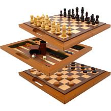 Deluxe Wooden Chess, Checker and Backgammon Set