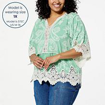 Democracy Embroidered Crochet Trim Peplum Top