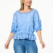 Democracy Embroidered Peplum Top with Crochet Trim
