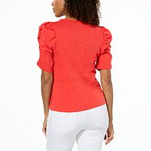 Democracy Slub Knit Ruched Puff-Sleeve Top