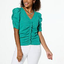 Democracy Slub Knit Ruched Puff-Sleeve Top