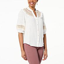 Democracy Woven Gauze Ruffled Edge Button-Front Top