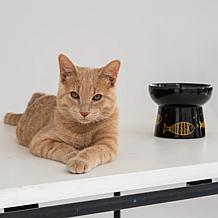 Dexypaws: Elevated 7oz Feeding Dish Ceramic Cat Bowl, White/Navy Fish