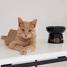 DexyPaws Elevated Ceramic Cat Bowl - Black & Gold Fish