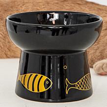DexyPaws Elevated Ceramic Cat Bowl - Black & Gold Fish