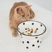 DexyPaws Elevated Ceramic Cat Bowl - White & Black Polka Dots