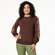 DG2 by Diane Gilman Brushed Sweater Knit Embroidered Crew-Neck Top