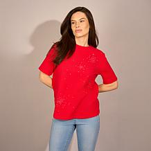 DG2 by Diane Gilman Cotton Jersey Embellished Crew-Neck Top