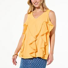DG2 by Diane Gilman Crinkled Chiffon Ruffled Front Flounce Tank