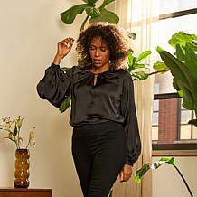 DG2 by Diane Gilman Cutout V-Neck Satin Hi-Low Hem Blouse