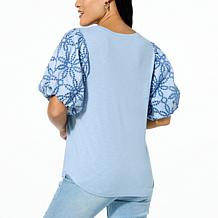 DG2 by Diane Gilman Embroidered Eyelet Puff Sleeve Slub Knit Tee