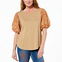 DG2 by Diane Gilman Embroidered Eyelet Puff Sleeve Slub Knit Tee