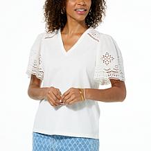 DG2 by Diane Gilman Eyelet Knit Embroidered Sleeve Top