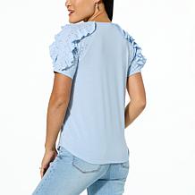 DG2 by Diane Gilman Eyelet Knit Ruffled Puff Sleeve Top