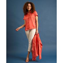 DG2 by Diane Gilman Just Like Silk Shirred Shoulder Button-Up Top