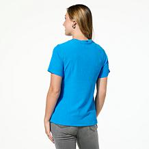 DG2 by Diane Gilman Knit Plissé V-Neck Top with Studded Trim